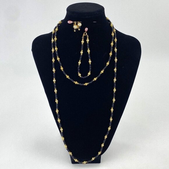 Trifari Jewelry Set with Bracelet 2 Necklaces and Clip On Earrings Beaded - Picture 1 of 7